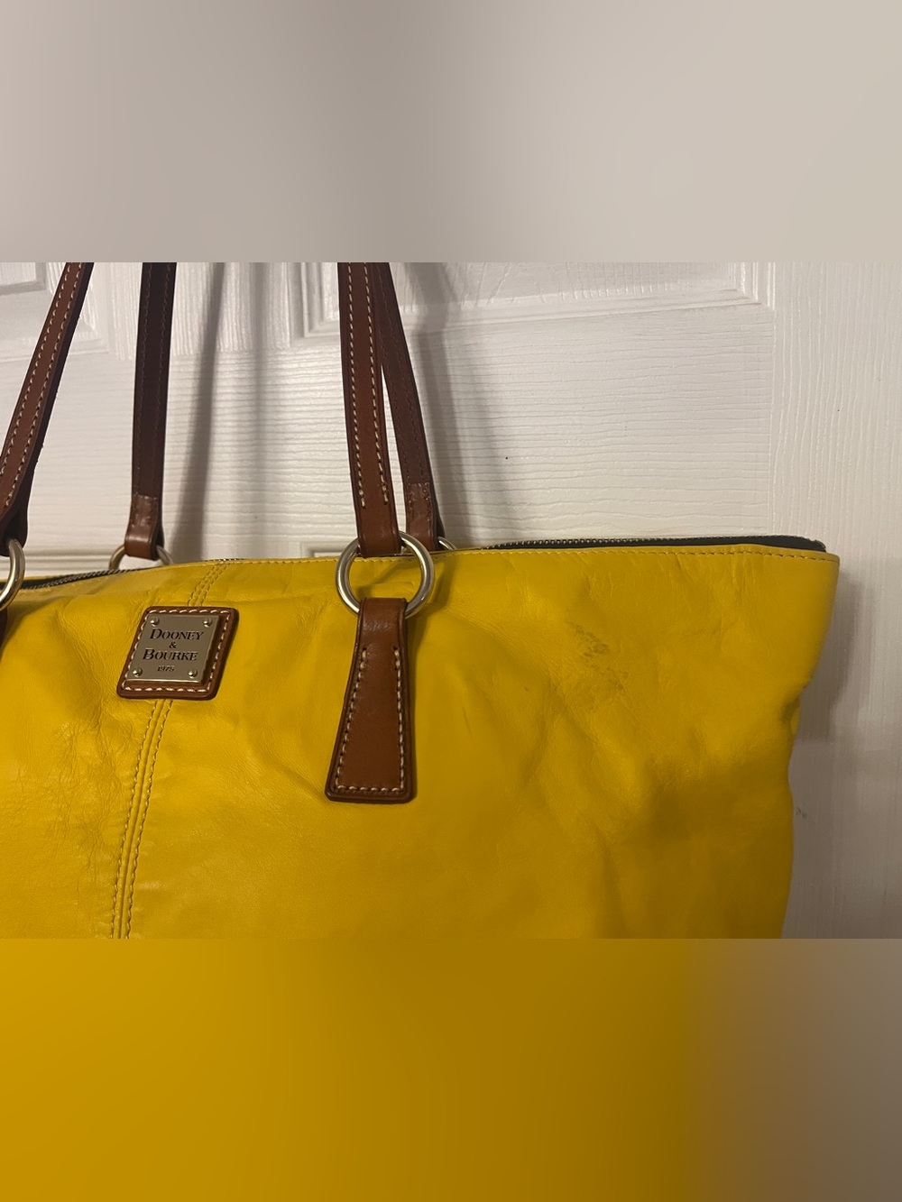 Dooney & Bourke Bright Yellow Leather Tote with Brown Straps and Dust Bag - Picture 14 of 16